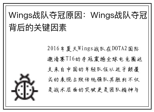 Wings战队夺冠原因：Wings战队夺冠背后的关键因素