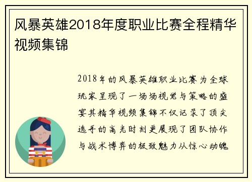 风暴英雄2018年度职业比赛全程精华视频集锦