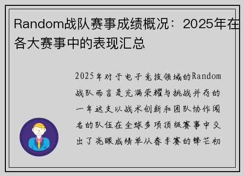 Random战队赛事成绩概况：2025年在各大赛事中的表现汇总